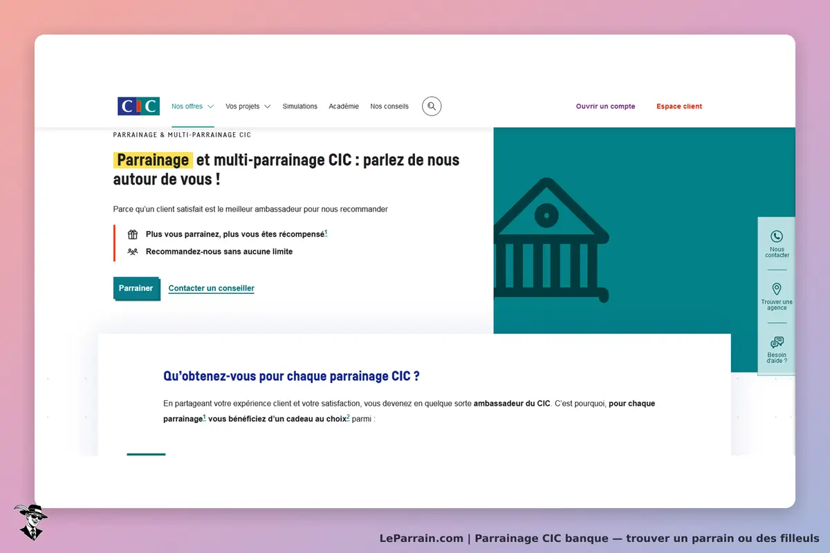 CIC banque : cIC : page d'accueil sur le parrainage et multi-parrainage avec boutons d'action