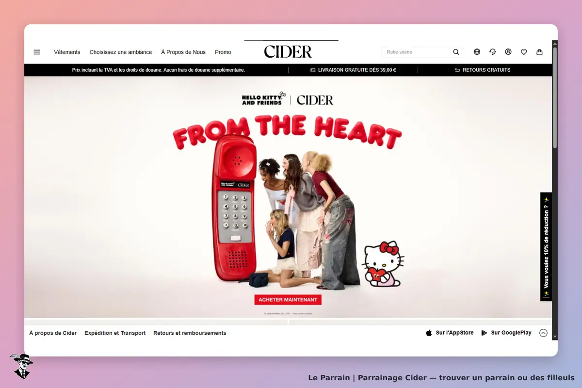 CIDER : page d'accueil avec un téléphone rouge et des modèles autour, logo Hello Kitty présent