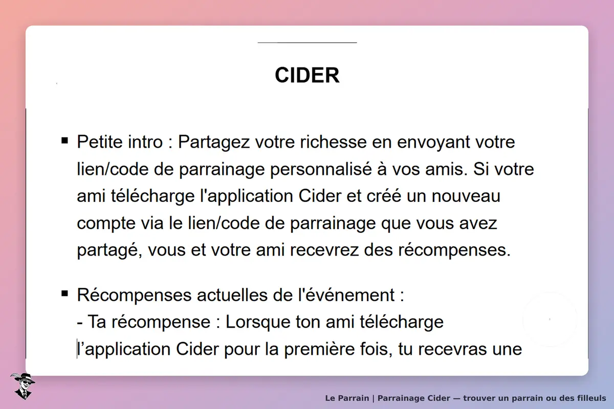 CIDER : présentation du programme de parrainage avec instructions et récompenses visibles