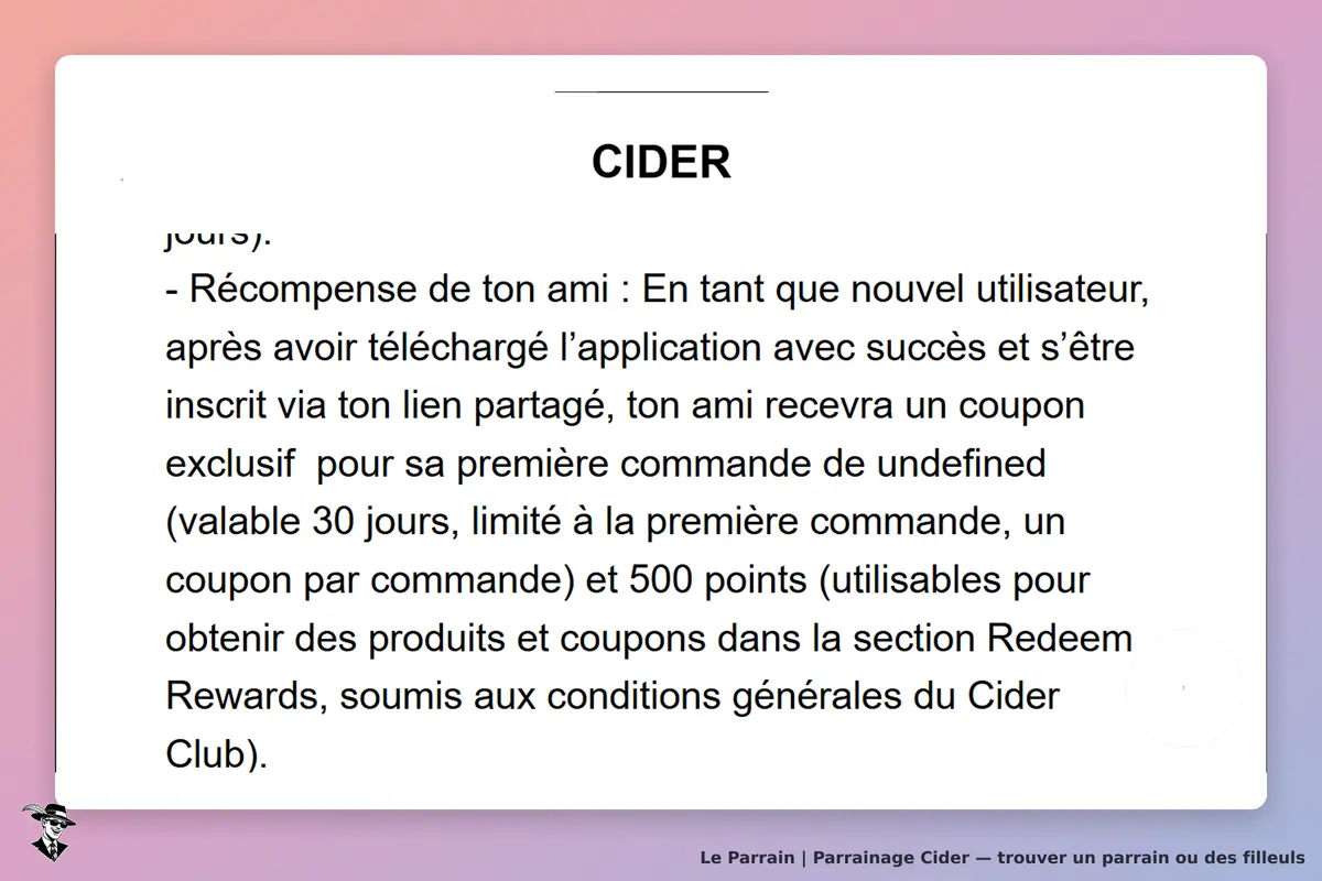 CIDER : texte explicatif sur les récompenses et l'inscription à l'application