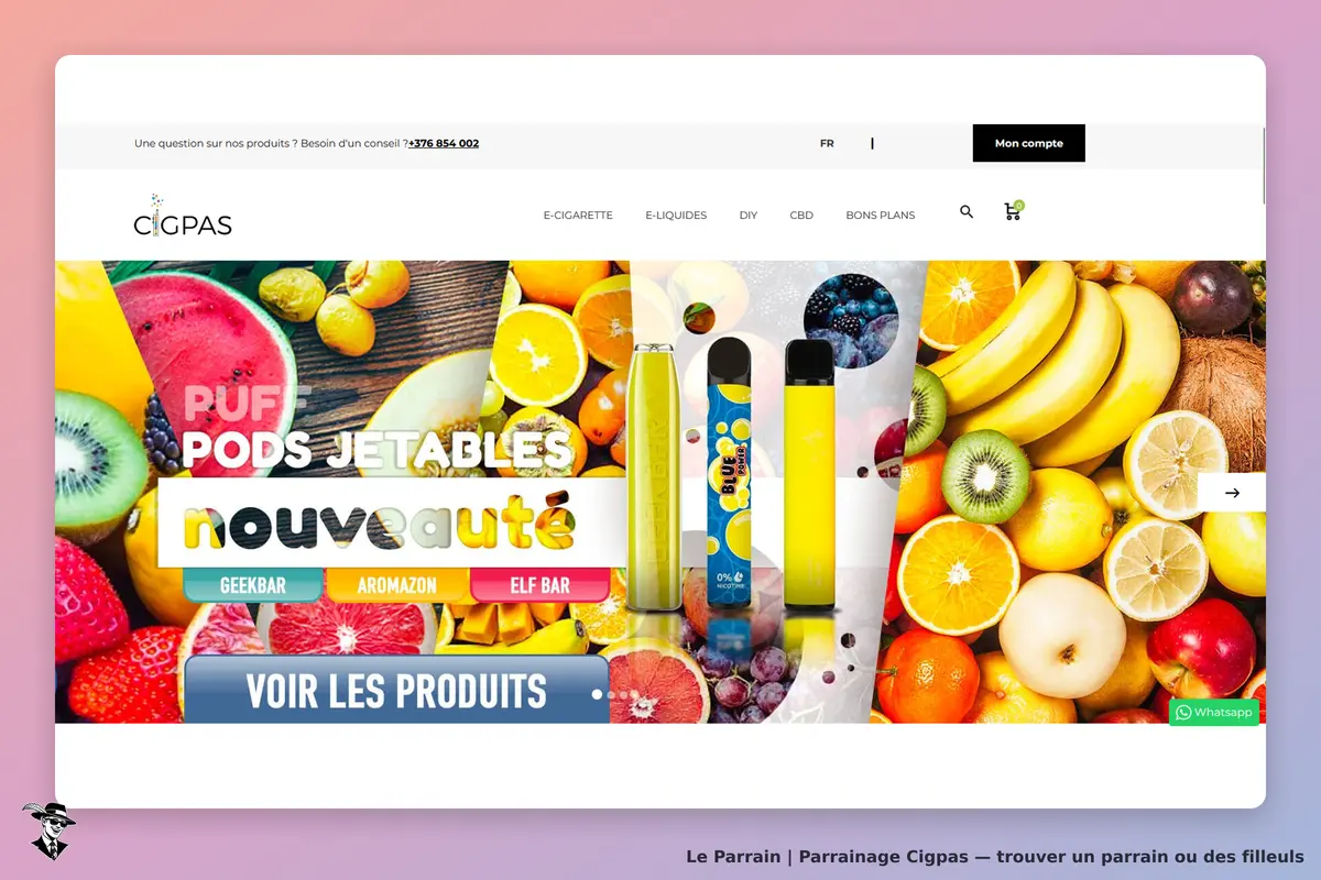 Cigpas : page d'accueil avec des pods jetables colorés et des fruits en arrière-plan