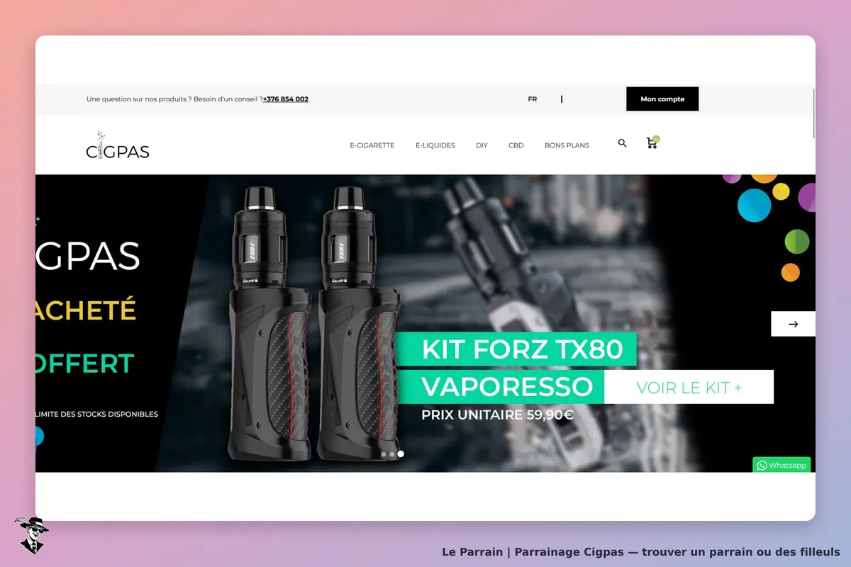 Cigpas : page d'accueil avec un kit de cigarette électronique en promotion