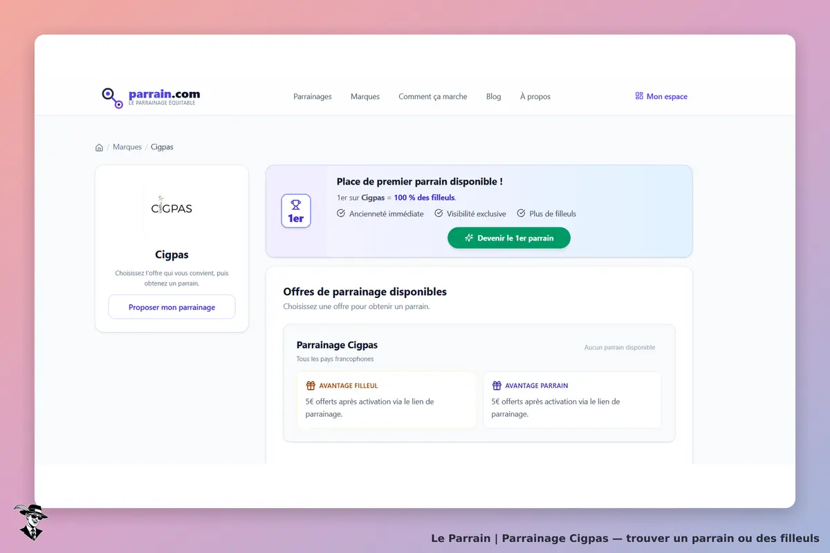 Cigpas : page d'accueil présentant le programme de parrainage et les offres disponibles