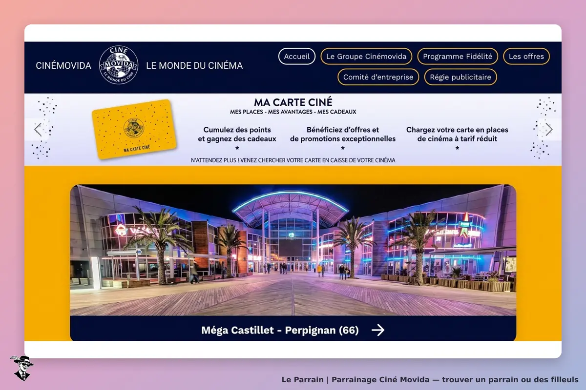 Ciné Movida : page d'accueil avec carte Ciné et image du Méga Castillet à Perpignan