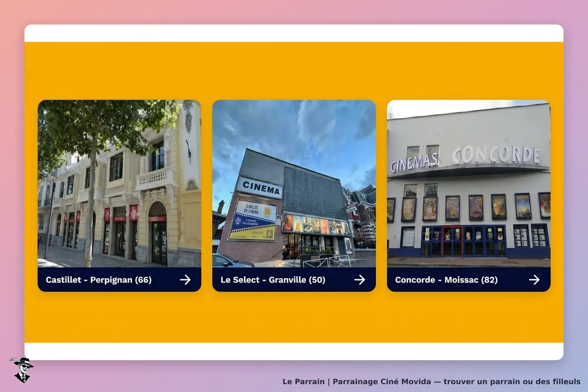 Ciné Movida : trois cinémas avec leurs façades et noms affichés sur fond coloré