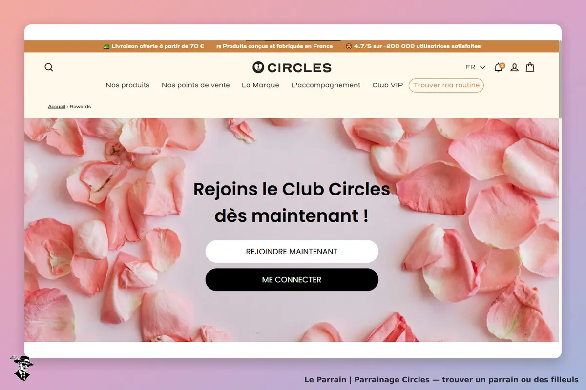 Circles : page d'accueil avec pétales de rose et boutons pour rejoindre ou se connecter