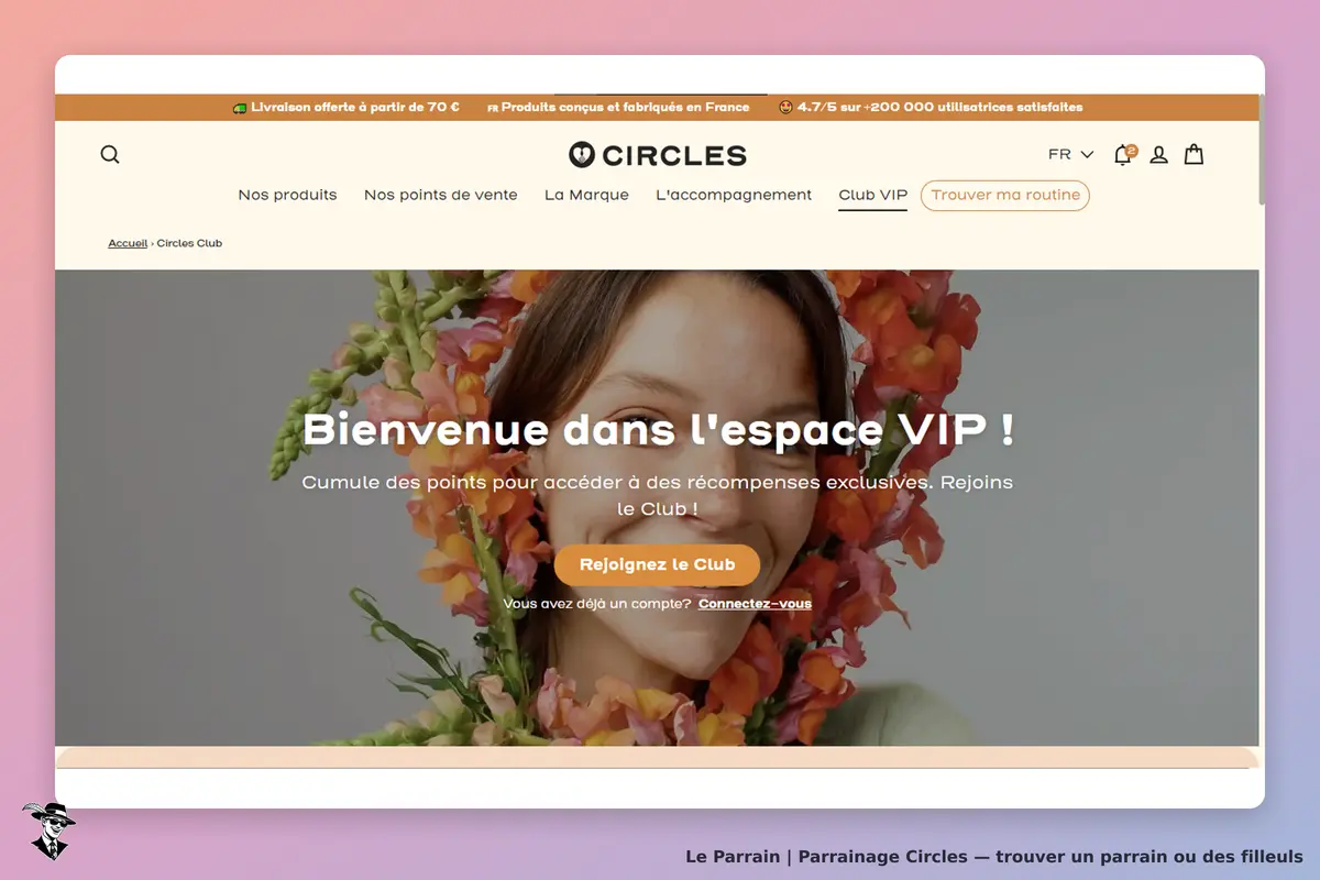 Circles : page d'accueil avec un message de bienvenue et une invitation à rejoindre le Club VIP