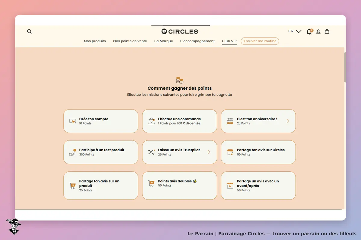 Circles : page d'accueil avec des missions pour gagner des points et leurs récompenses