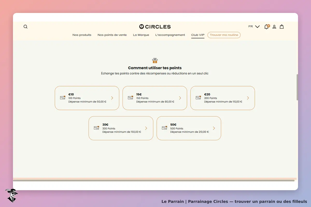 CIRCLES : page d'accueil montrant l'échange de points contre récompenses et réductions