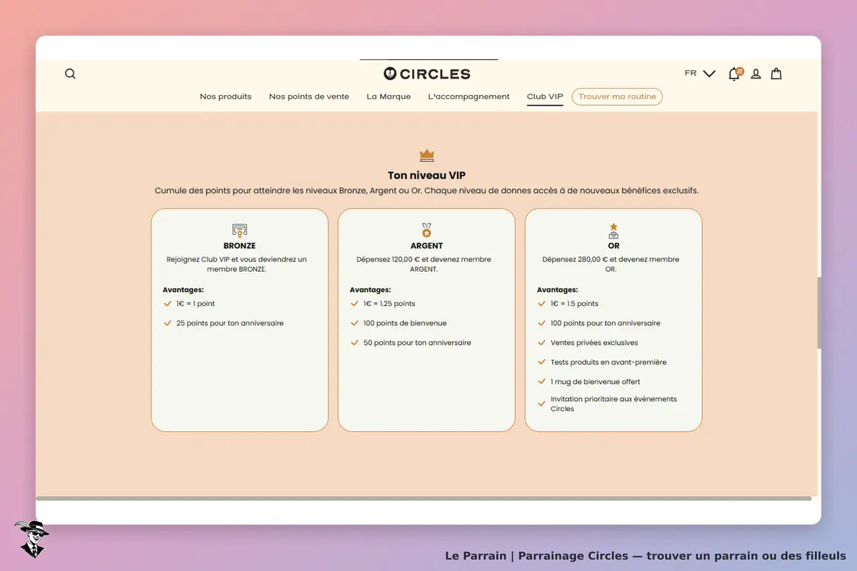 Circles : niveaux VIP Bronze, Argent et Or avec avantages affichés sur la page d'accueil