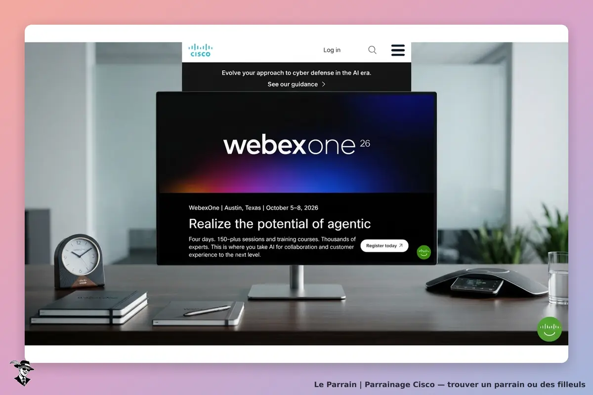 Cisco : page d'accueil présentant l'événement WebexOne sur un écran avec bureau et accessoires