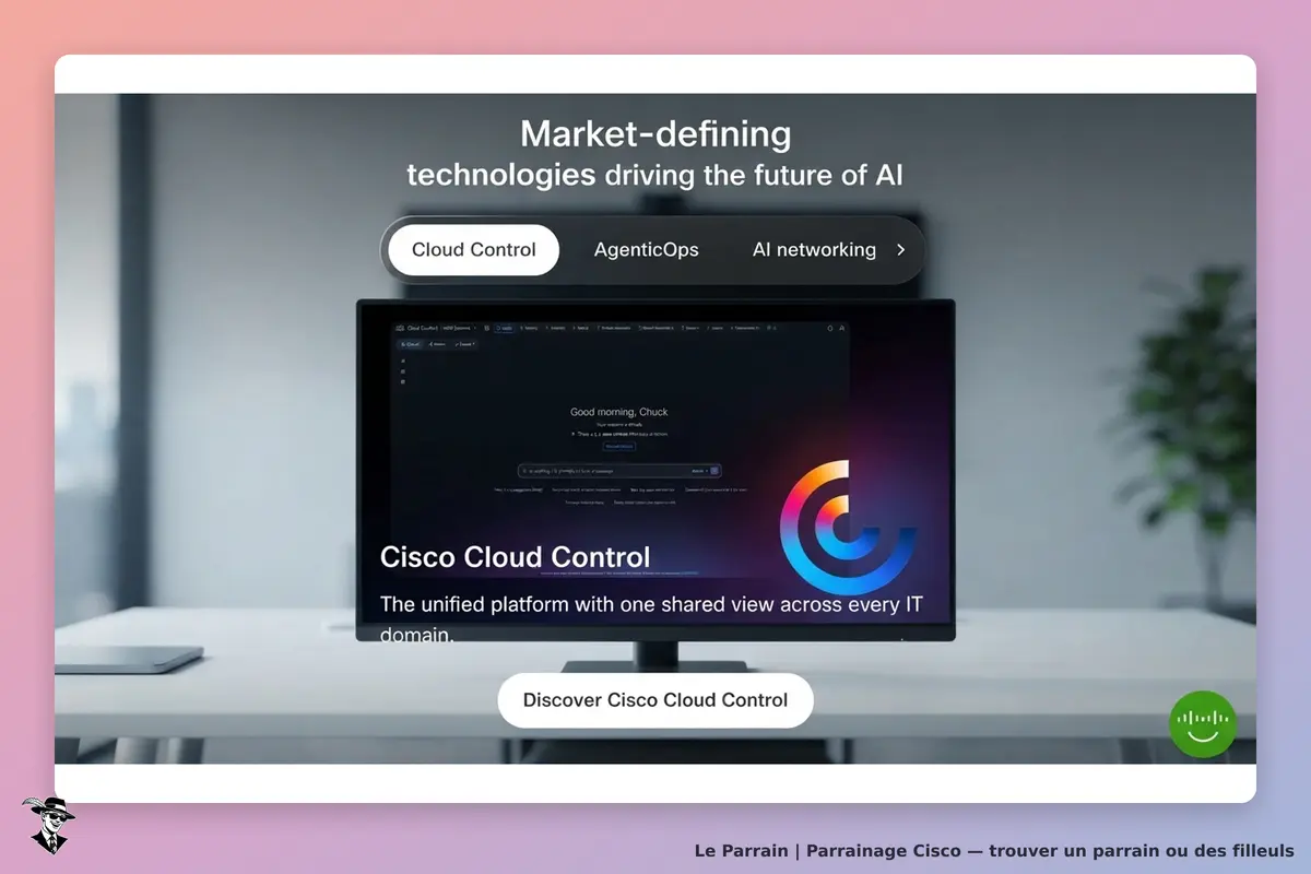 Cisco : écran affichant Cisco Cloud Control et des technologies d'IA sur fond de bureau moderne