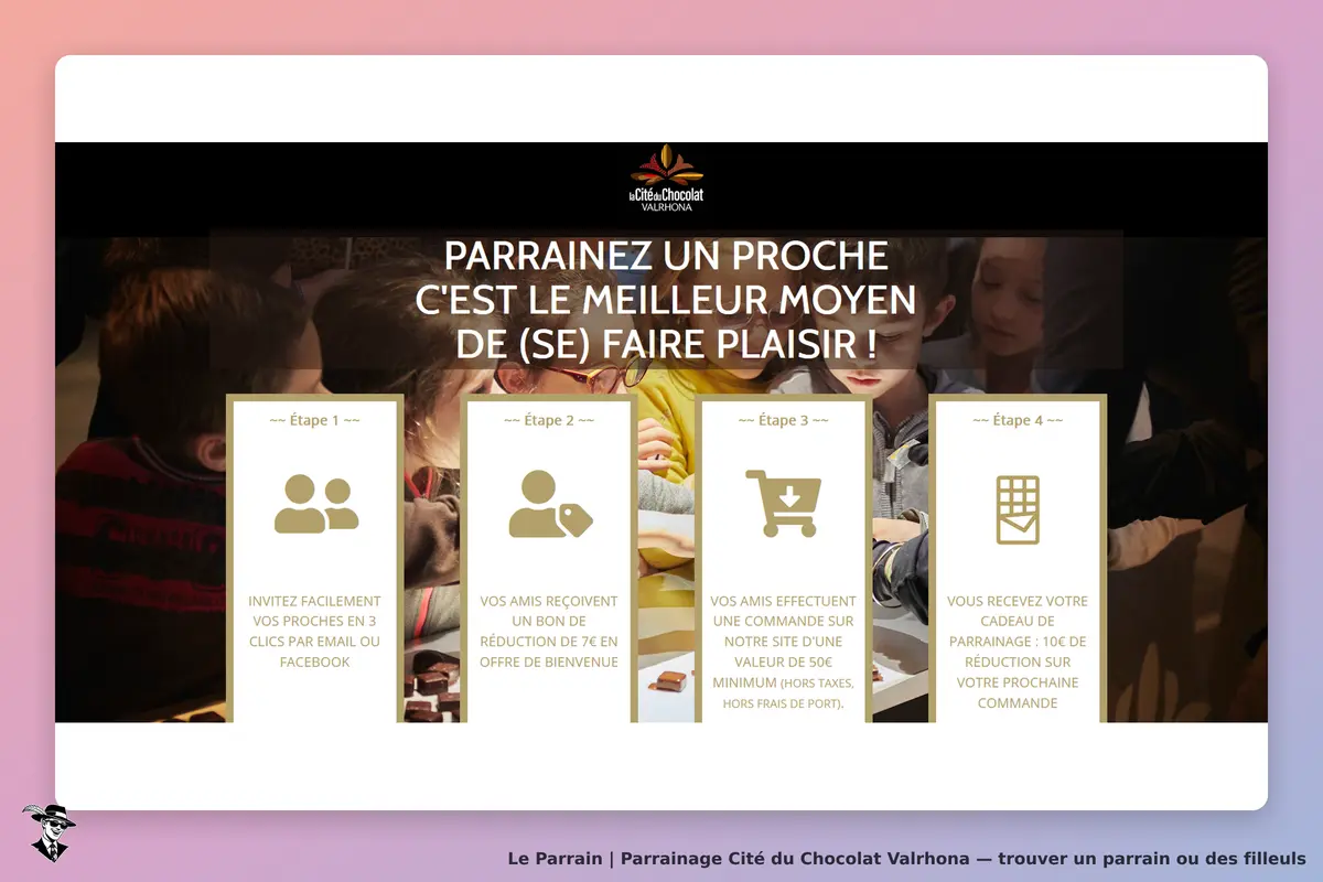 Cité du Chocolat Valrhona : étapes du parrainage avec illustrations et texte explicatif