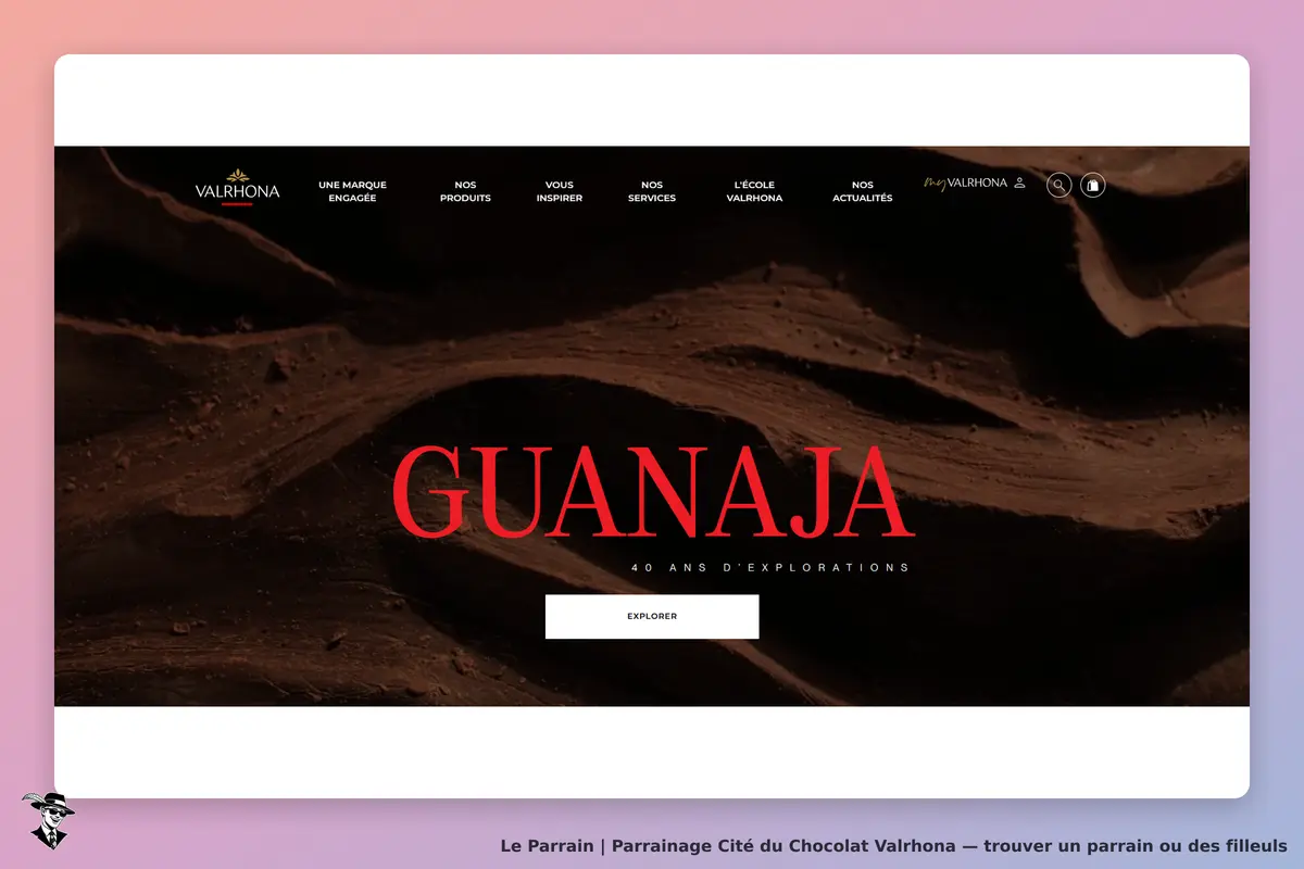 Cité du Chocolat Valrhona : valrhona : page d'accueil avec le mot "GUANAJA" en rouge sur fond
