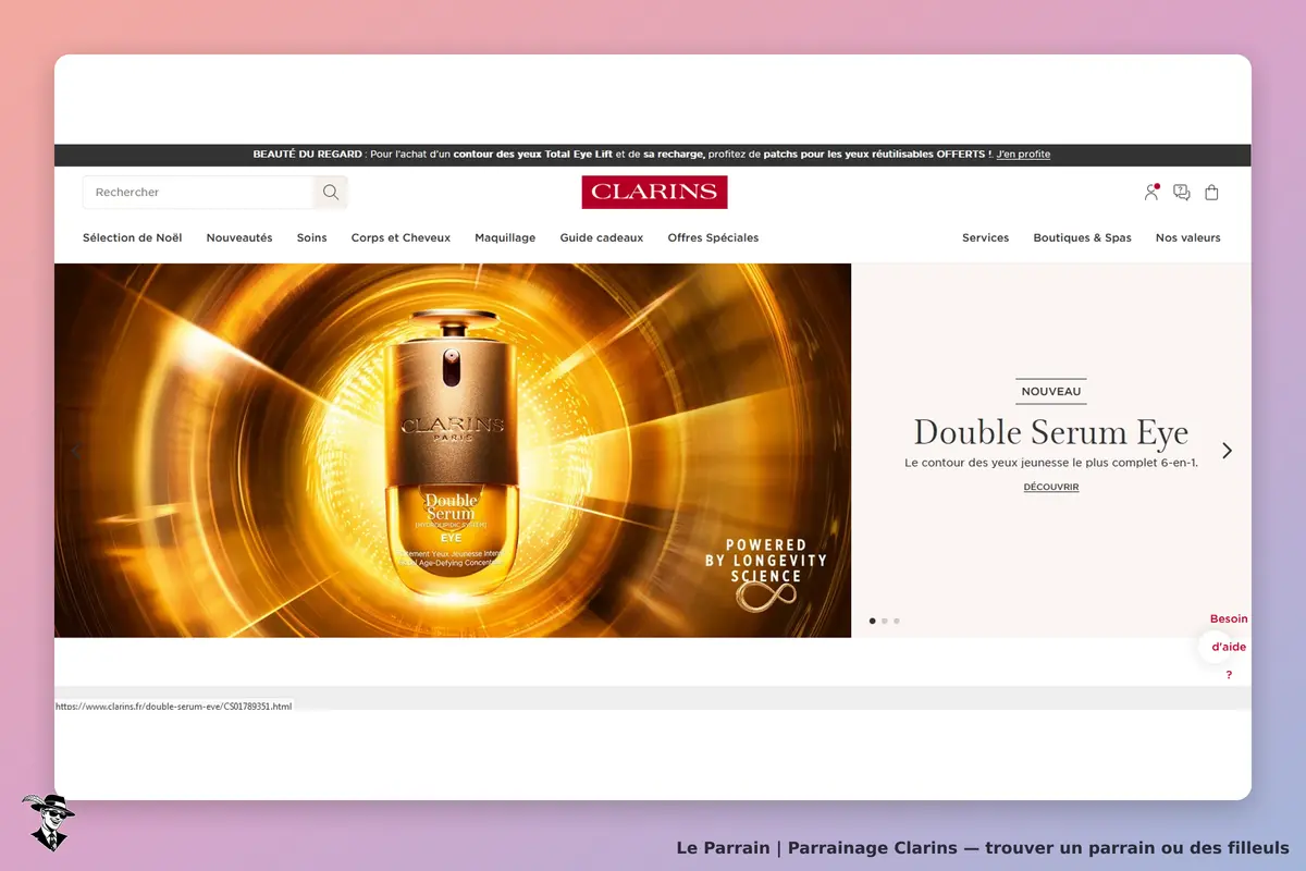 Clarins : page d'accueil avec le produit Double Serum Eye sur fond doré