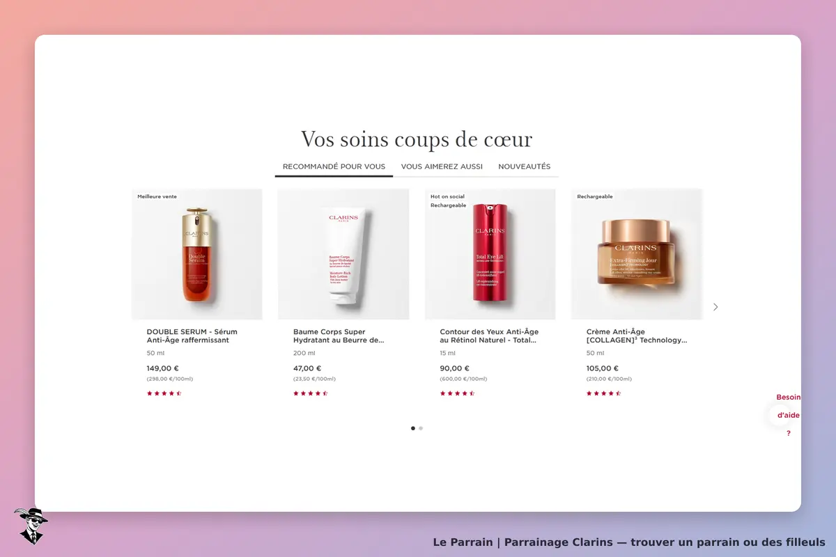 Clarins : section "Vos soins coups de cœur" avec quatre produits affichés