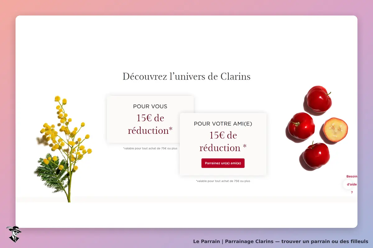 Clarins : page d'accueil avec des fleurs et des pommes, promotions de parrainage affichées