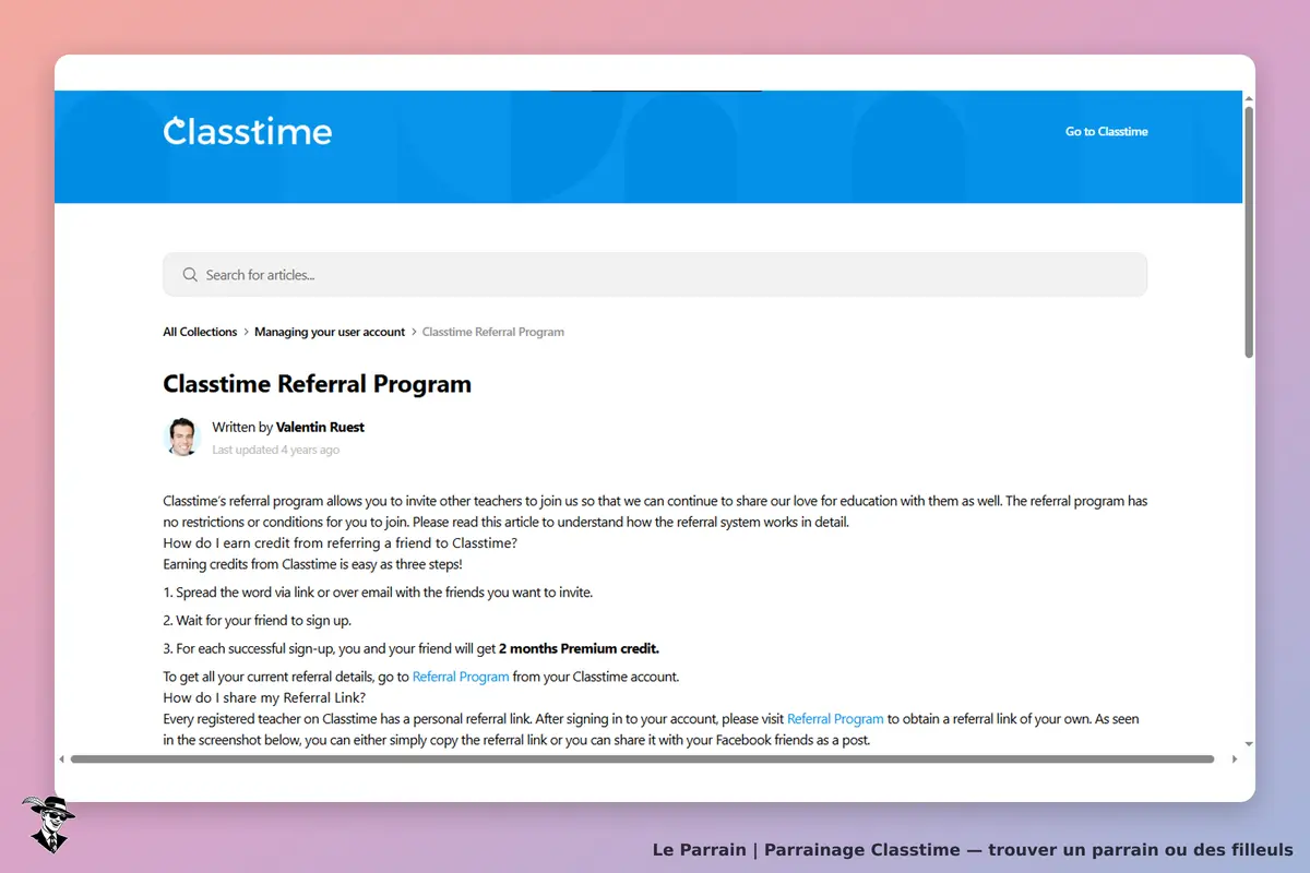 Classtime : page du programme de parrainage avec instructions et auteur de l'article