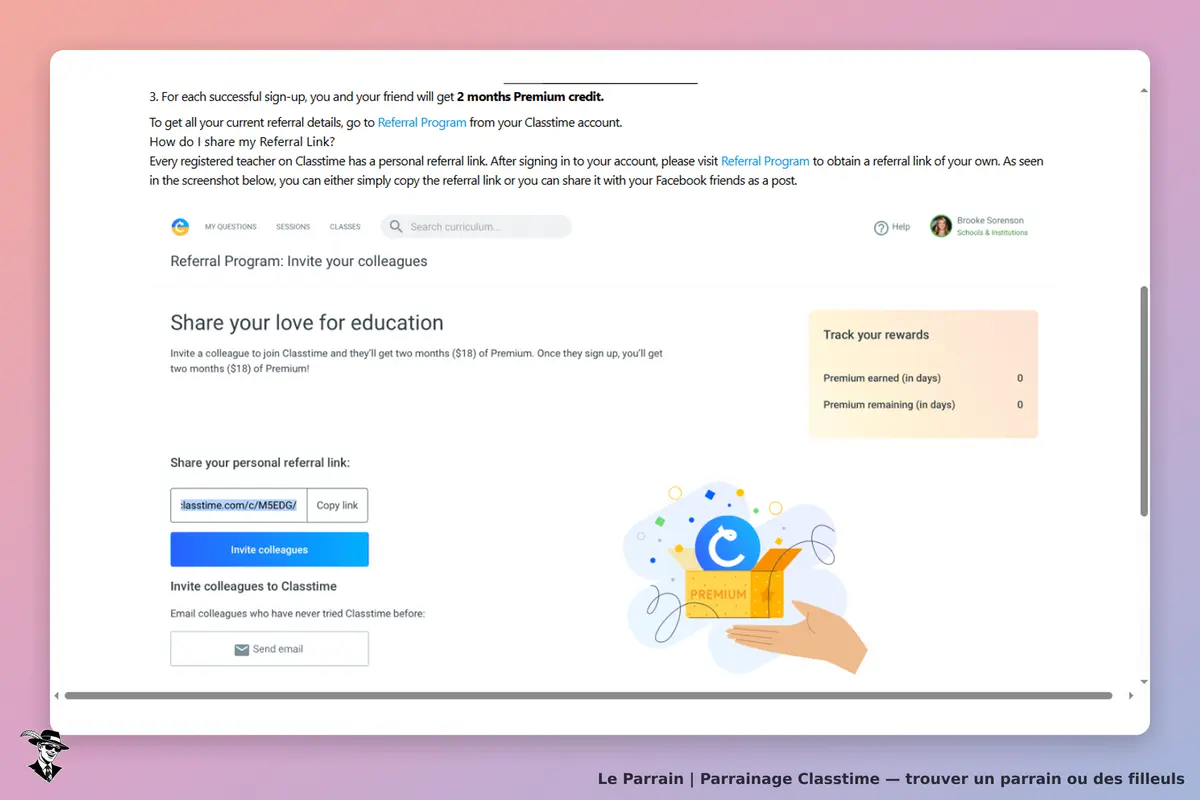 Classtime : page du programme de parrainage avec lien de référence et options d'invitation