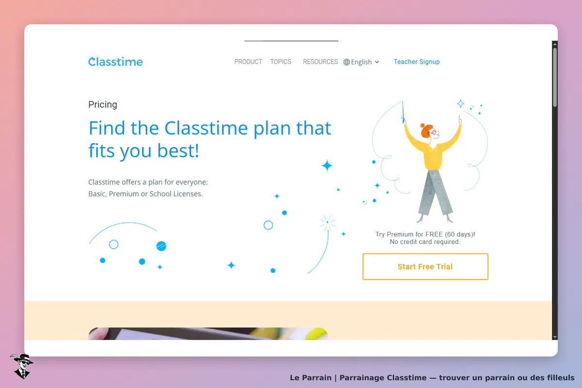Classtime : page d'accueil présentant les plans d'abonnement et un personnage illustratif