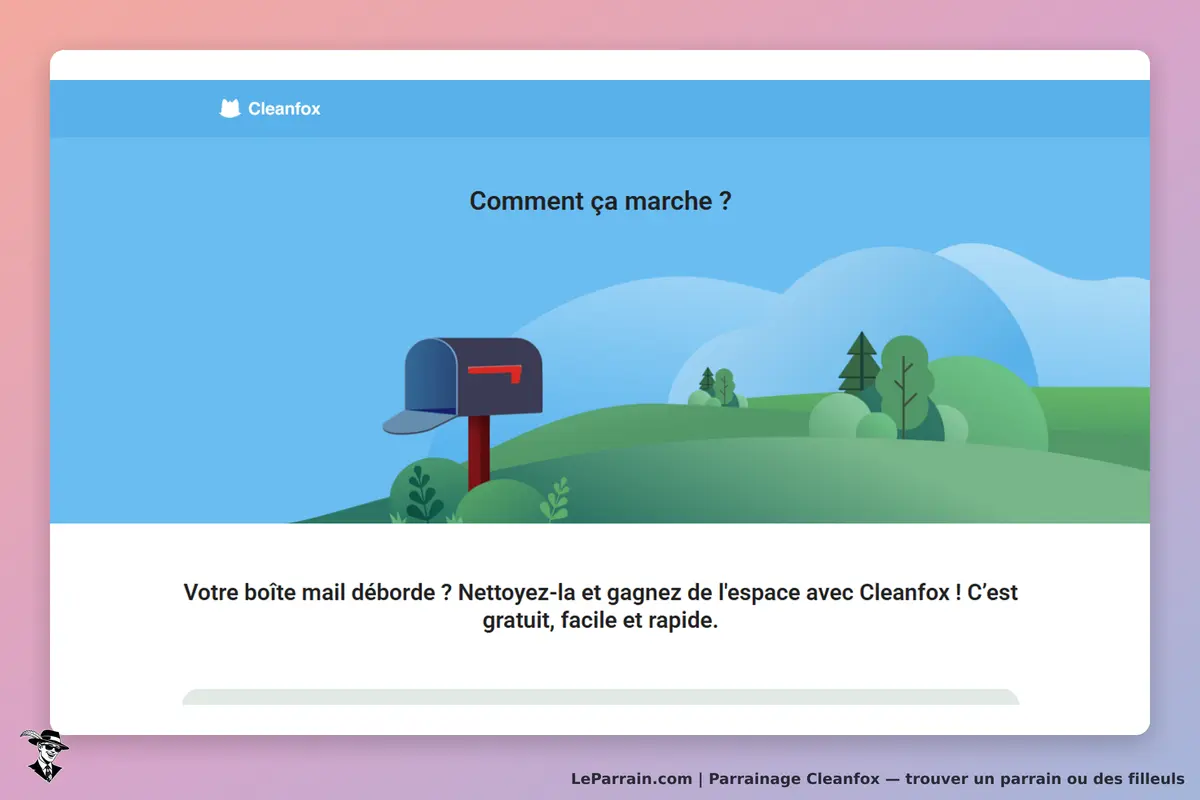 Cleanfox : illustration d'une boîte aux lettres sur fond de paysage avec un message explicatif