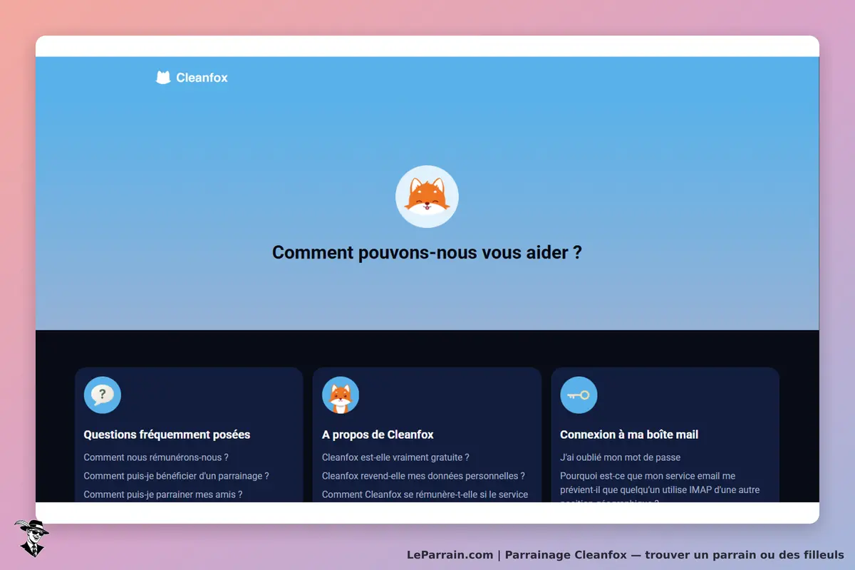 Cleanfox : page d'accueil avec une question d'aide et des sections d'informations