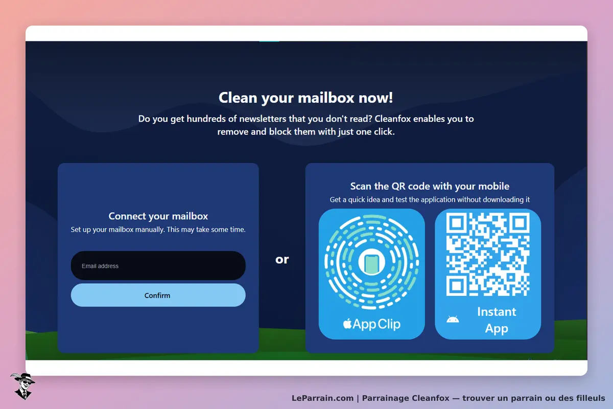 Cleanfox : page d'accueil avec formulaire de connexion et options de scan de QR code