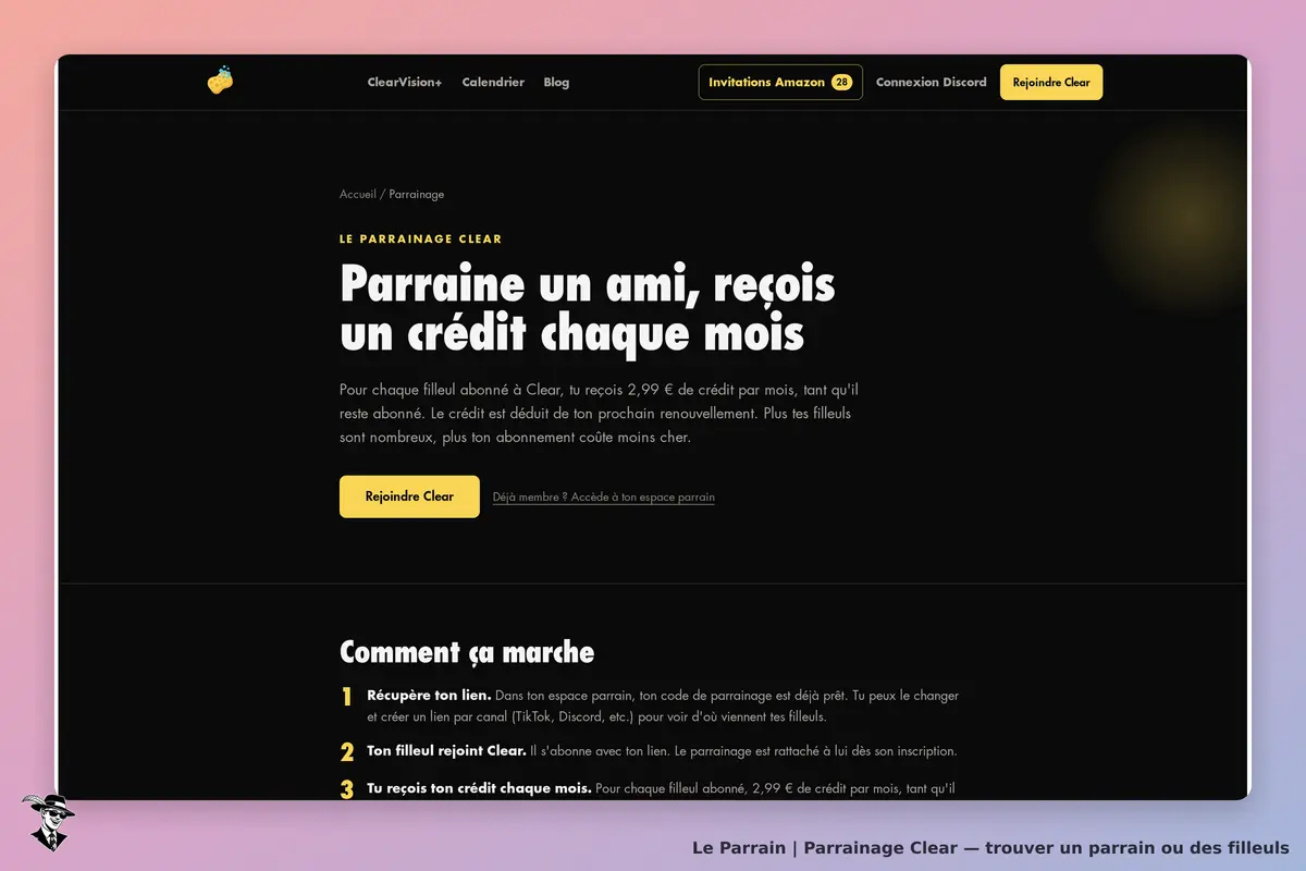 Page parrainage de Clear