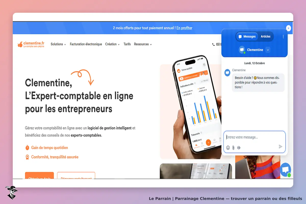 Clementine : page d'accueil avec présentation de l'expert-comptable et chat en ligne