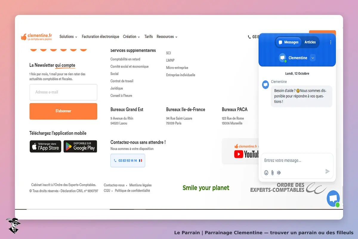 Clementine : page d'accueil avec formulaire d'inscription à la newsletter et chat en ligne