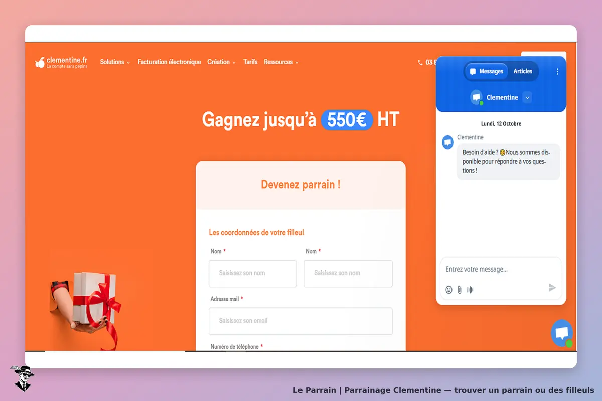 Clementine : page d'accueil avec formulaire pour devenir parrain et chat d'assistance