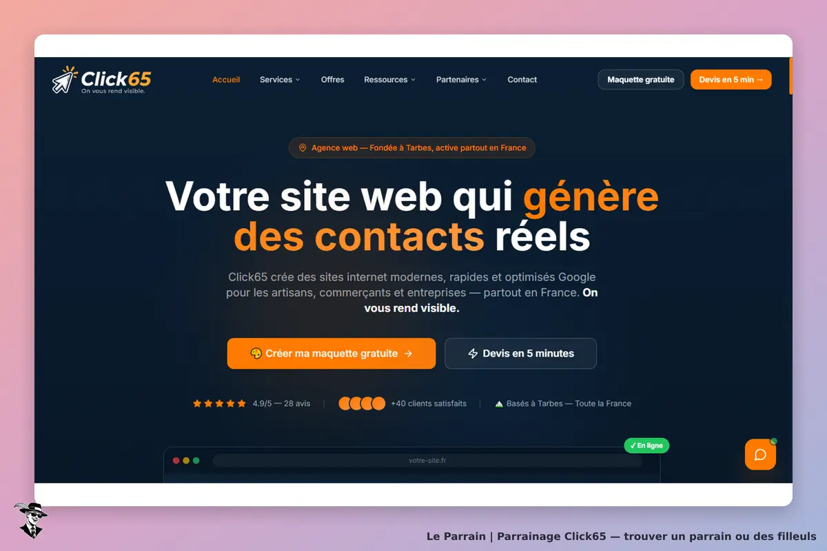 Click65 : page d'accueil présentant un service de création de sites web avec un formulaire