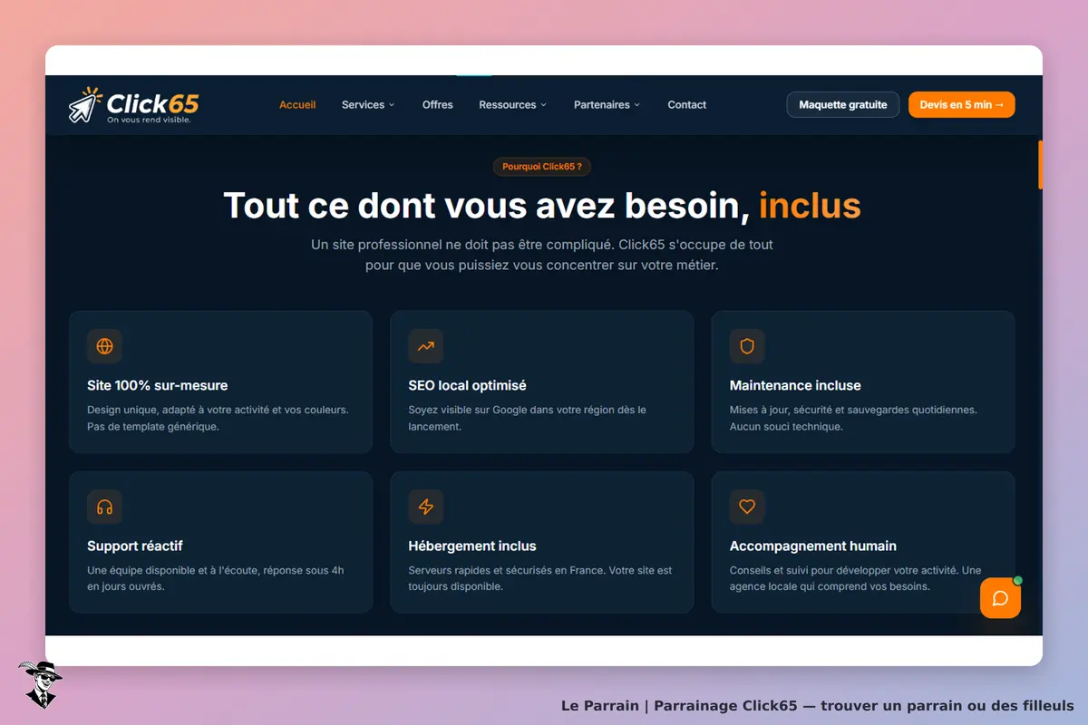 Click65 : page d'accueil présentant des services avec icônes et descriptions