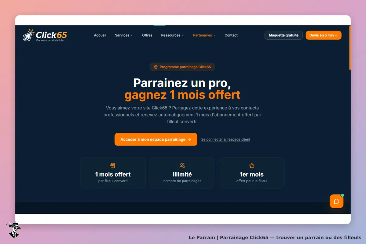 Click65 : page d'accueil avec programme de parrainage et options d'abonnement affichées
