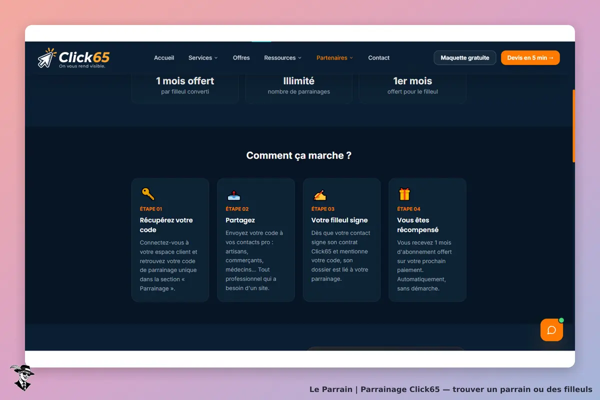 Click65 : étapes du parrainage avec explications et icônes sur fond sombre