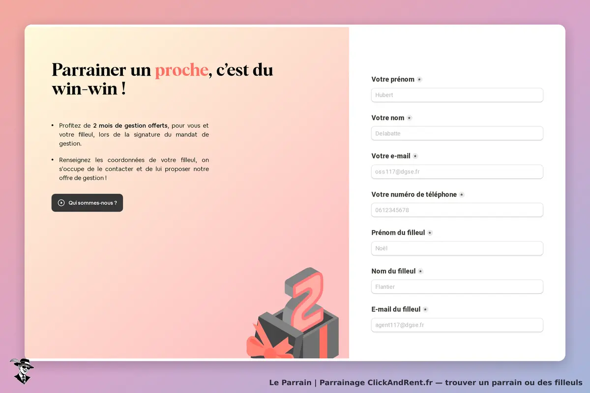 ClickAndRent.fr : formulaire de parrainage avec champs pour coordonnées et message d'accueil