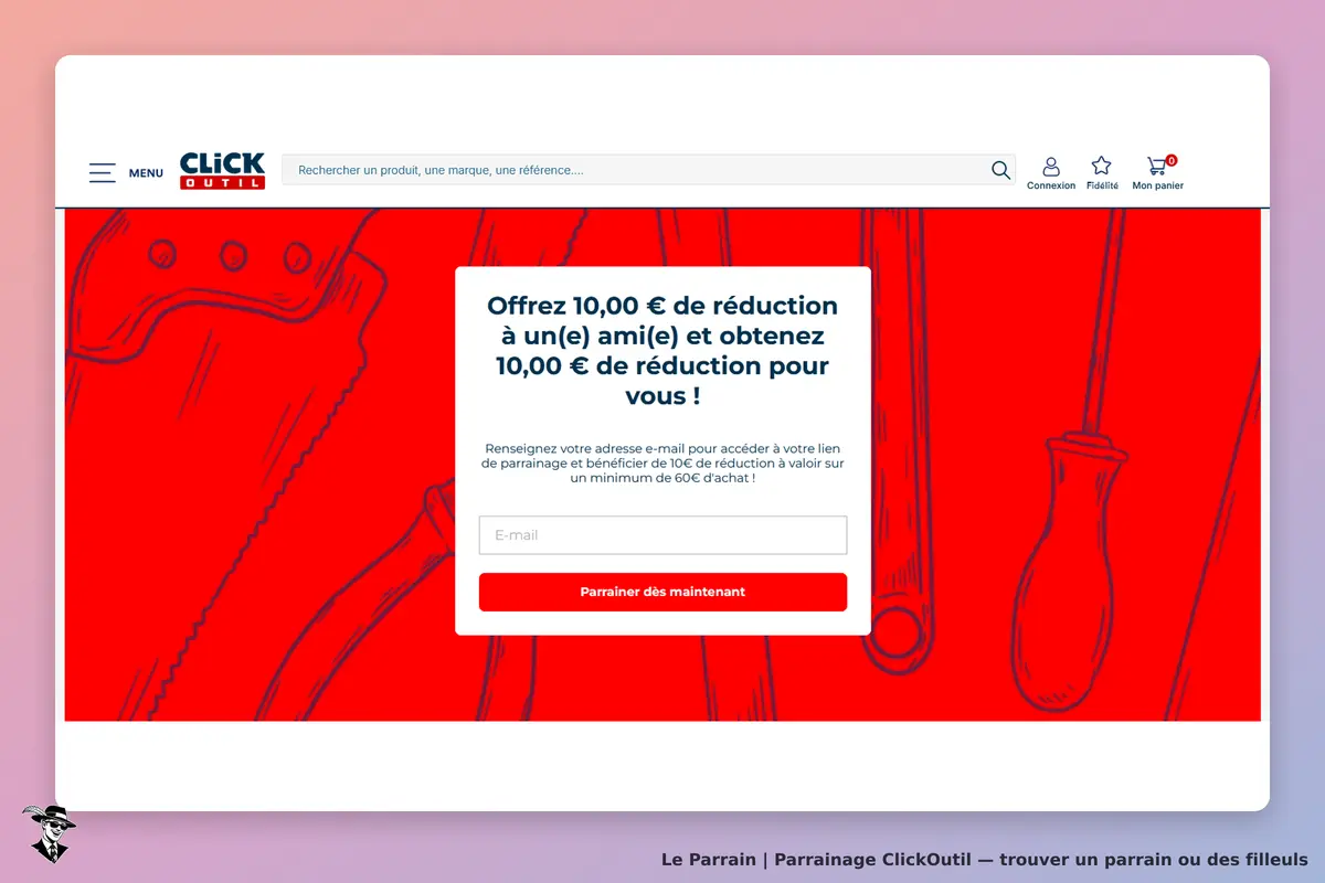 ClickOutil : page d'accueil avec formulaire de parrainage sur fond rouge et outils dessinés
