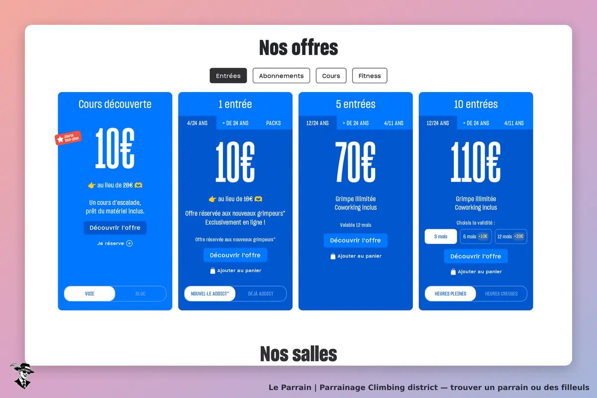 Climbing district : page d'accueil avec offres d'escalade et options de réservation