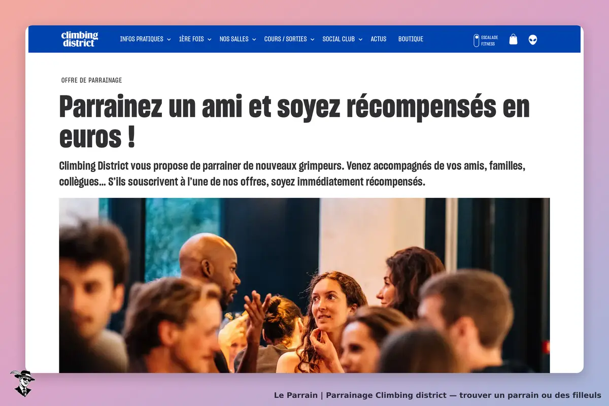 climbing district : page d'accueil avec un texte sur le parrainage et des personnes en discussion