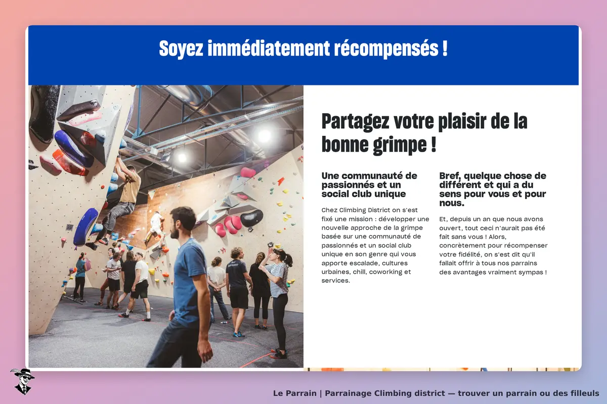 Climbing district : salle d'escalade avec grimpeurs et texte sur la communauté et les activités
