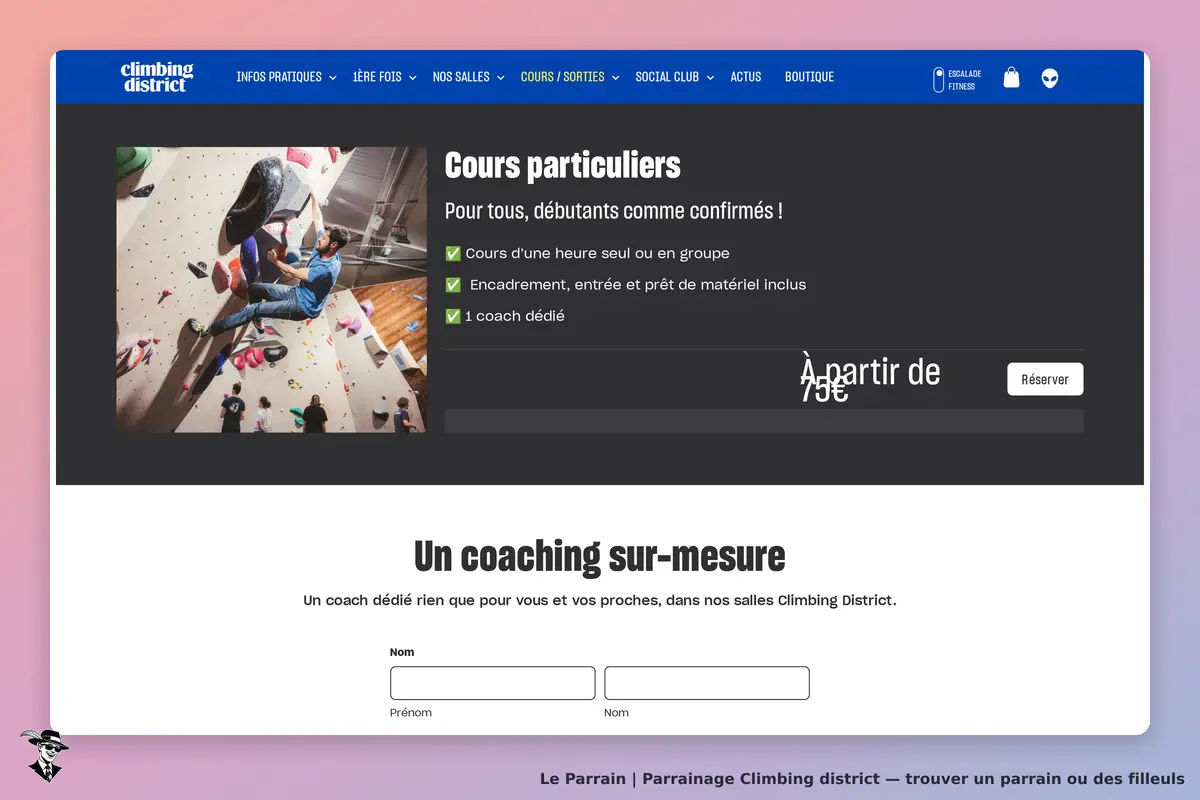 climbing district : page d'accueil avec informations sur les cours particuliers et un formulaire