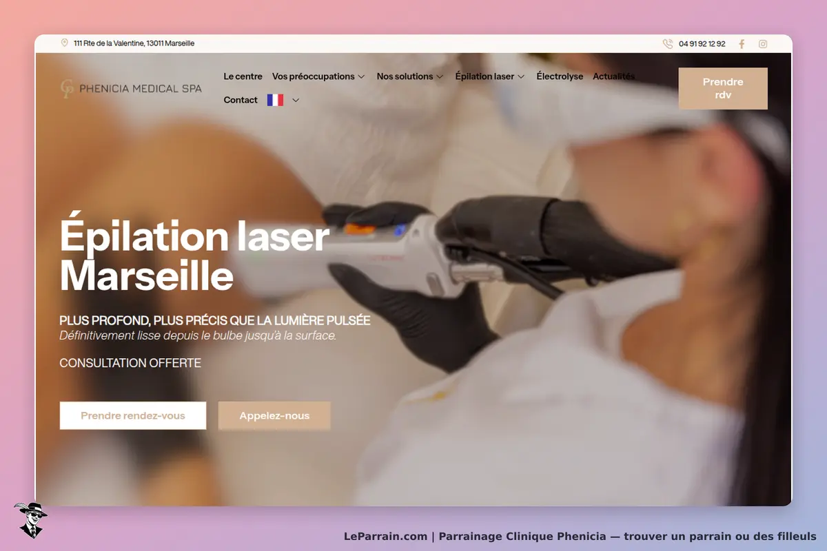 Clinique Phenicia : page d'accueil présentant l'épilation laser à Marseille avec un appareil