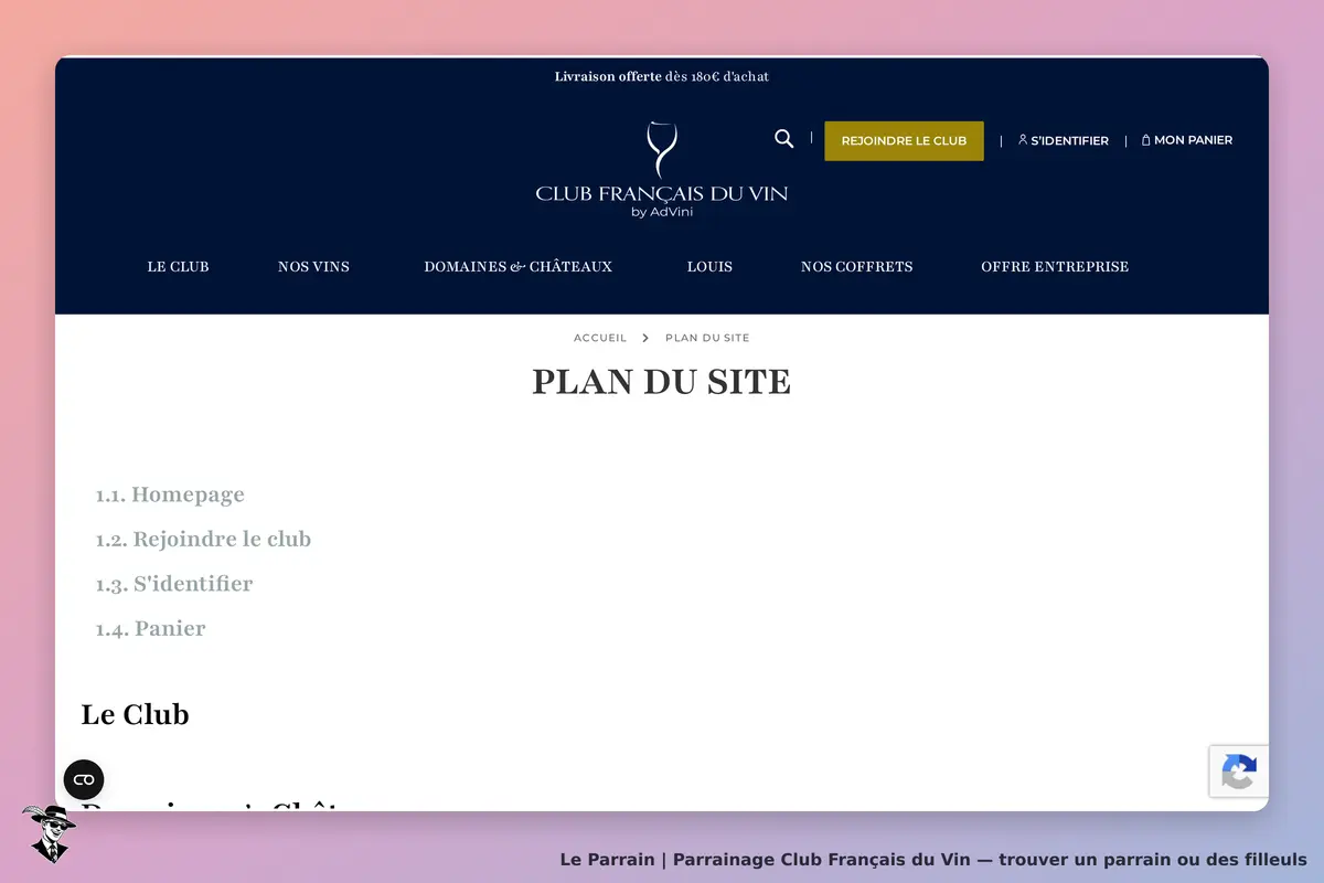 Club Français du Vin : plan du site avec les sections principales listées en texte