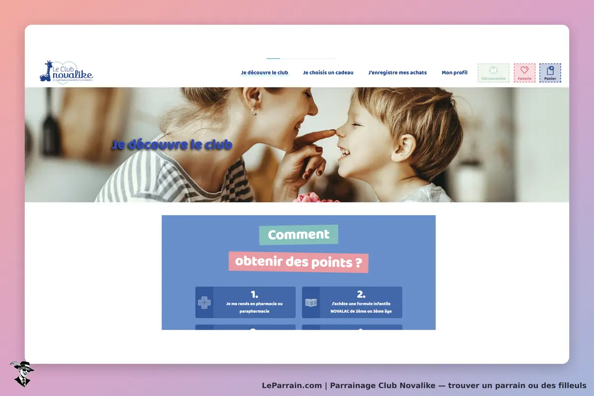 Club Novalike : page d'accueil avec un visuel d'une mère et son enfant, section sur les points