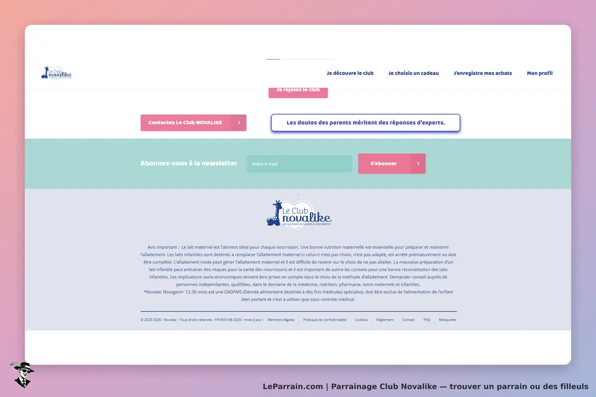 Club Novalike : page d'accueil avec options d'abonnement à la newsletter et contact