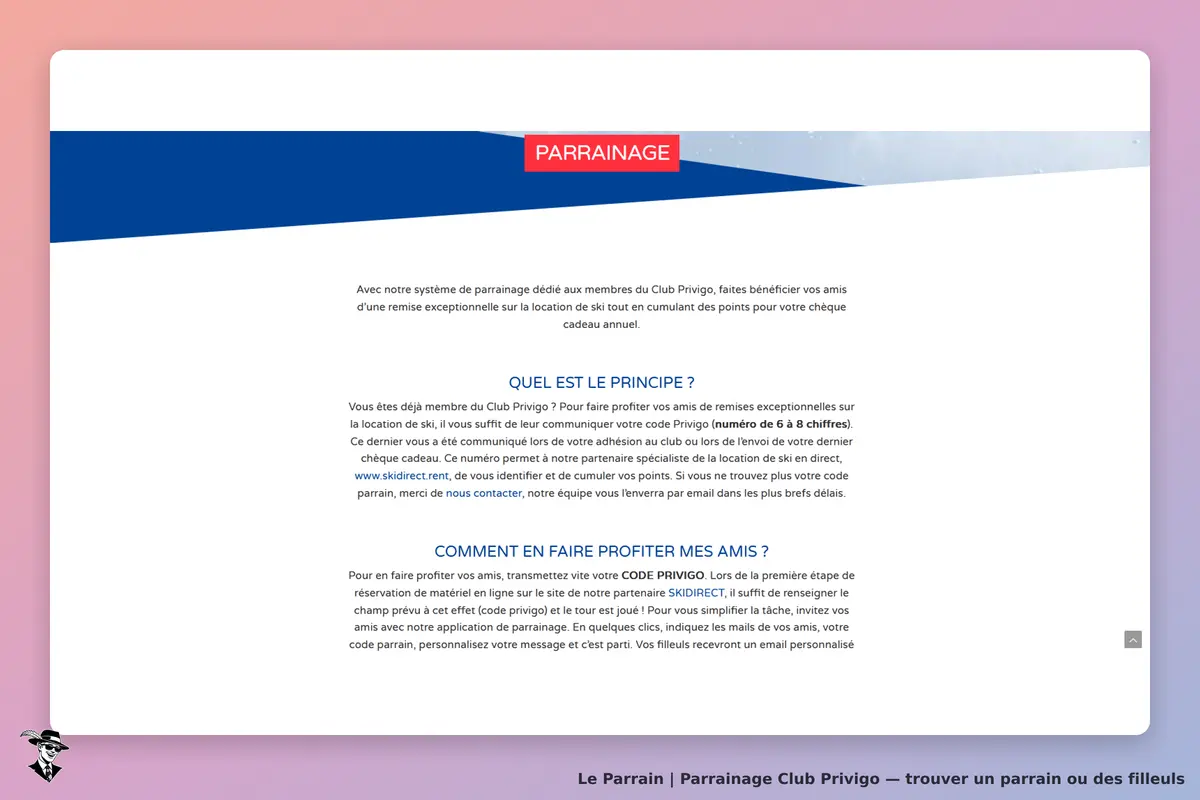 Club Privigo : page d'accueil sur le parrainage avec explications et instructions visibles