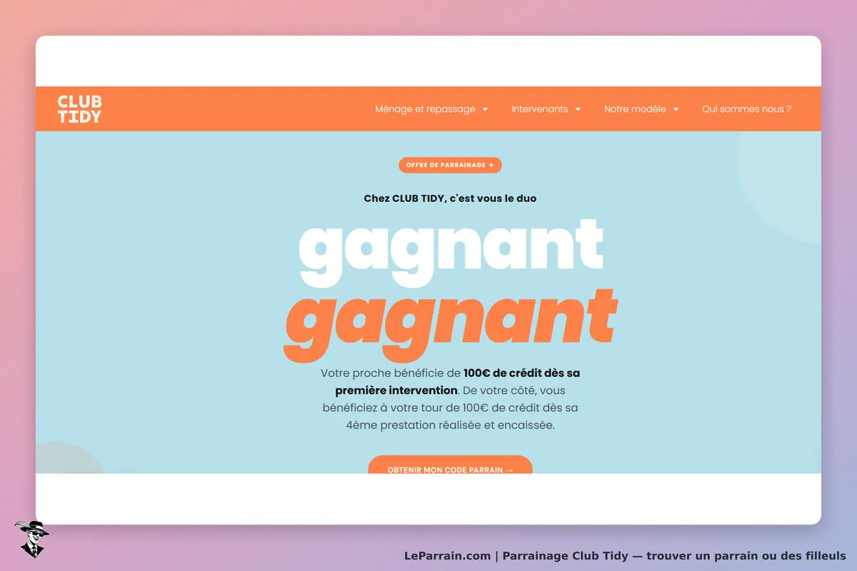 Club Tidy : page d'accueil avec le slogan "gagnant" et un bouton pour obtenir un code parrain