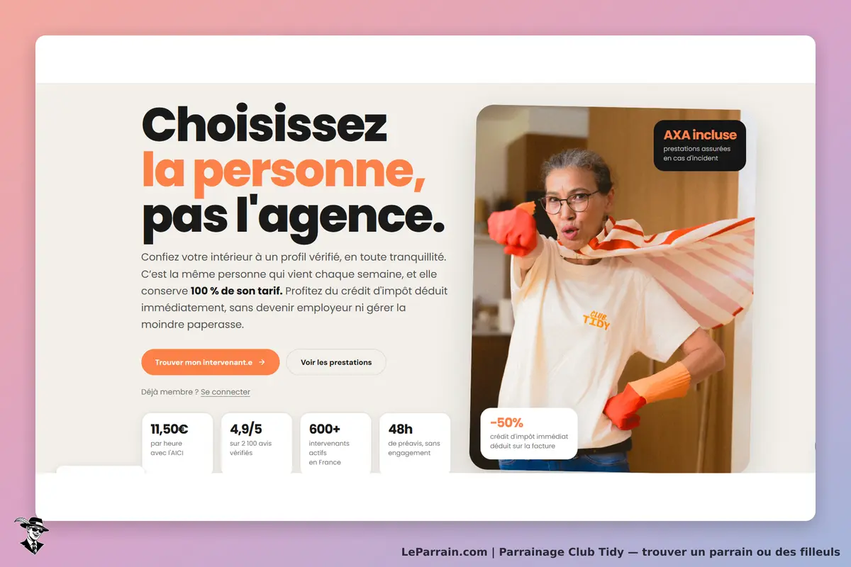 Club Tidy : page d'accueil avec une femme en action et un message sur le choix de l'intervenant