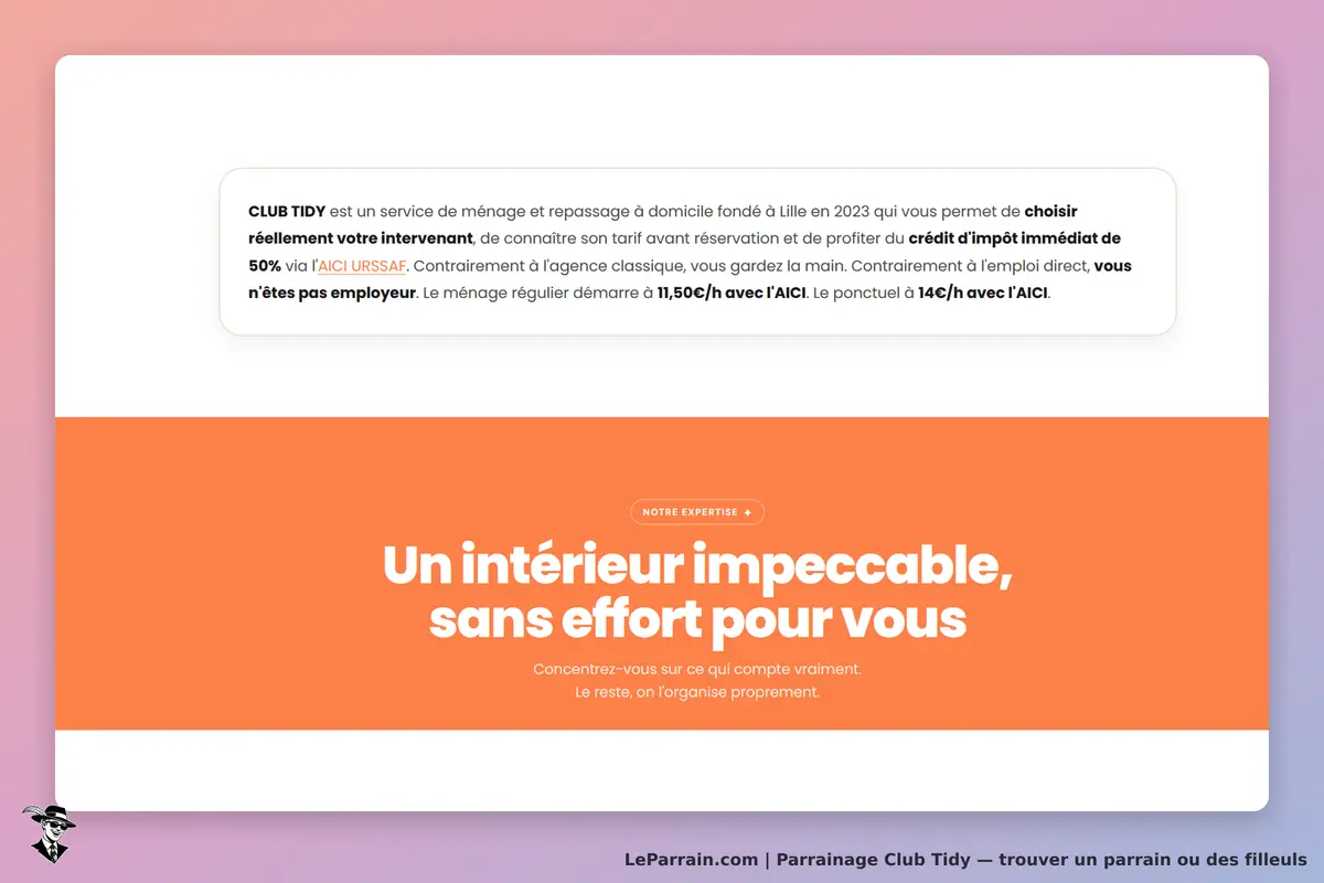 Club Tidy : présentation du service de ménage avec un slogan en orange sur fond clair