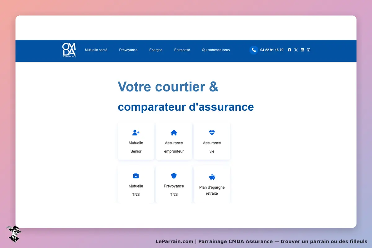 CMDA Assurance : page d'accueil avec options de mutuelle et d'assurance affichées
